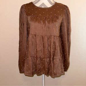 Altar’d State Brown Swiss Dot Tiered Long Sleeve Babydoll Top Small